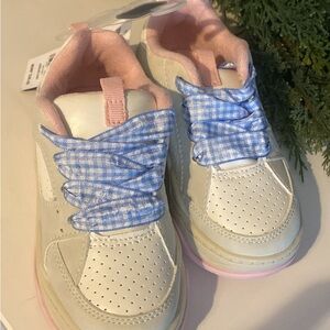 Kids White and Pink Sneakers with Blue Laces